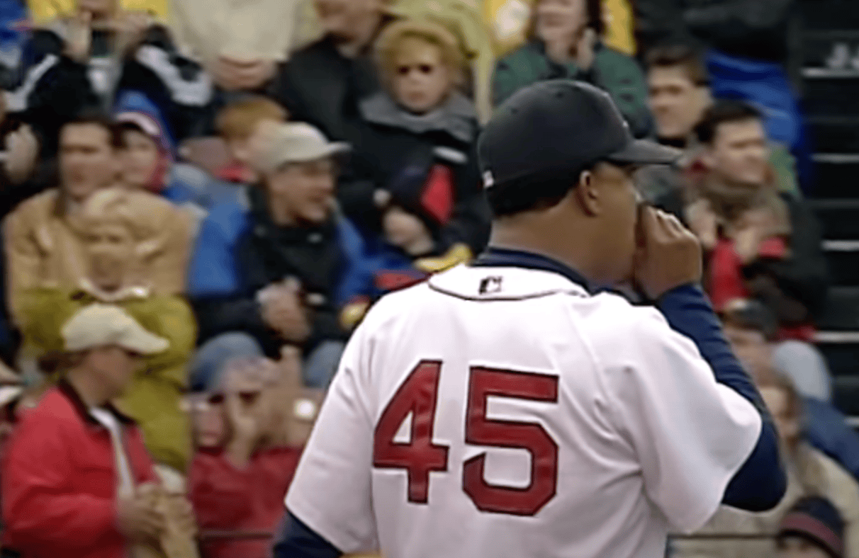 Pedro Martinez in a Red Sox uniform, highlighting a key trade for fans.